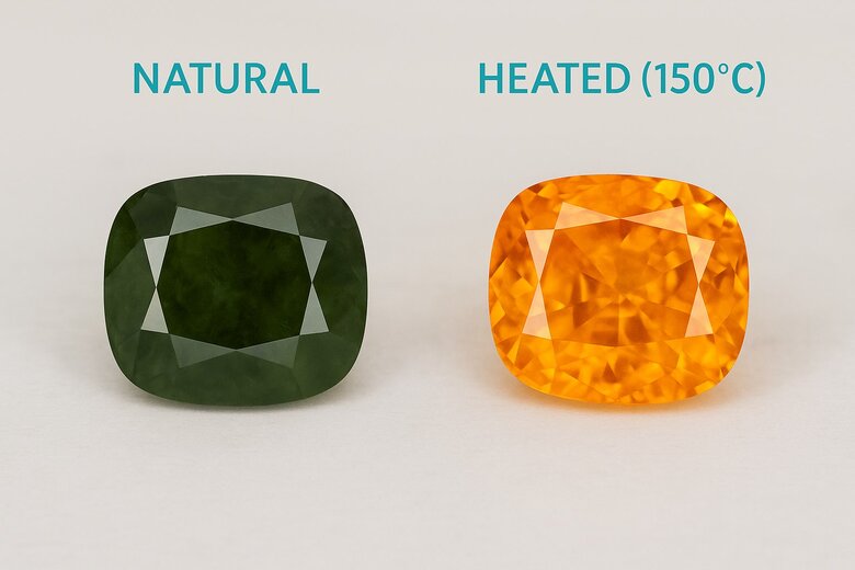 Image: Split View of Chameleon Diamond Before and After Heat Transformation - Shows dramatic olive green to yellow-orange color change demonstrating the unique thermochromic properties