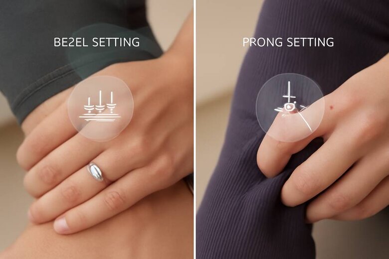 Image: Split-screen comparison showing bezel engagement ring flush against finger during yoga pose versus elevated prong ring catching on fabric, with force distribution diagrams overlaid - Instantly demonstrates the &quot;confident everyday wearing&quot; advantage that defines the 2025 engagement ring revolution