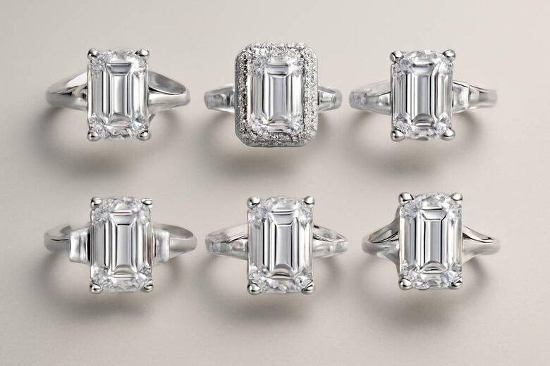 Image: Emerald Cut Setting Styles Visual Guide - Six most popular setting styles for emerald cuts (solitaire, halo, three-stone with baguettes, three-stone with trapezoids, pavé band, cathedral) shown with identical center stone for direct comparison