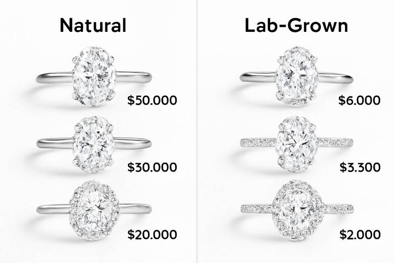 Image: Split-screen showing celebrity oval engagement rings (Blake Lively, Hailey Bieber, Kourtney Kardashian) compared to identical-looking lab-grown alternatives with price tags displayed - Demonstrates immediate visual and financial accessibility of celebrity-inspired luxury