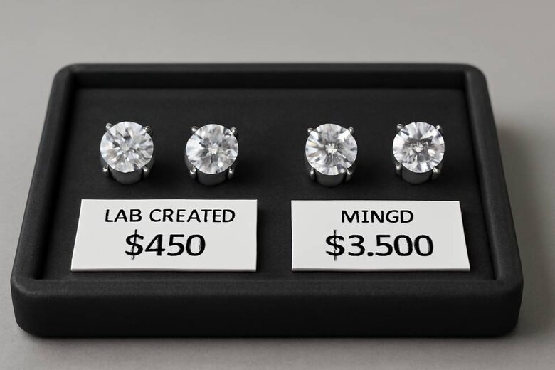 Image: Side-by-Side 1-Carat Lab vs Mined Diamond Studs with Price Tags - Visual demonstration that identical appearance diamonds have dramatically different price points based on origin
