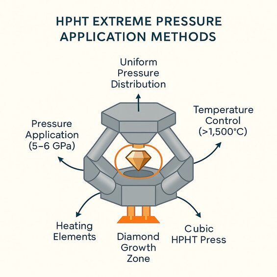 Image: HPHT Press Technology Comparison - Detailed cross-section diagram comparing belt press vs cubic press capabilities for large diamond production, showing pressure distribution patterns