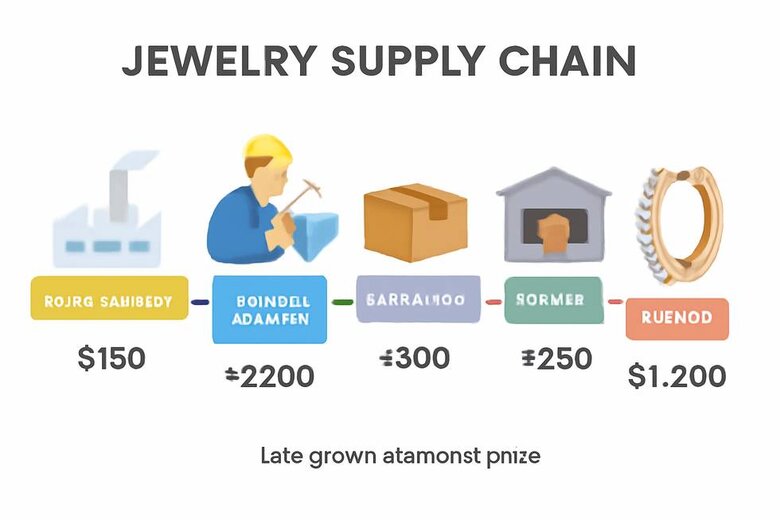Image: Jewelry Supply Chain Visual Diagram - Shows how each middleman layer adds markup from manufacturer ($150) to final retail ($1,200) for identical huggie earrings