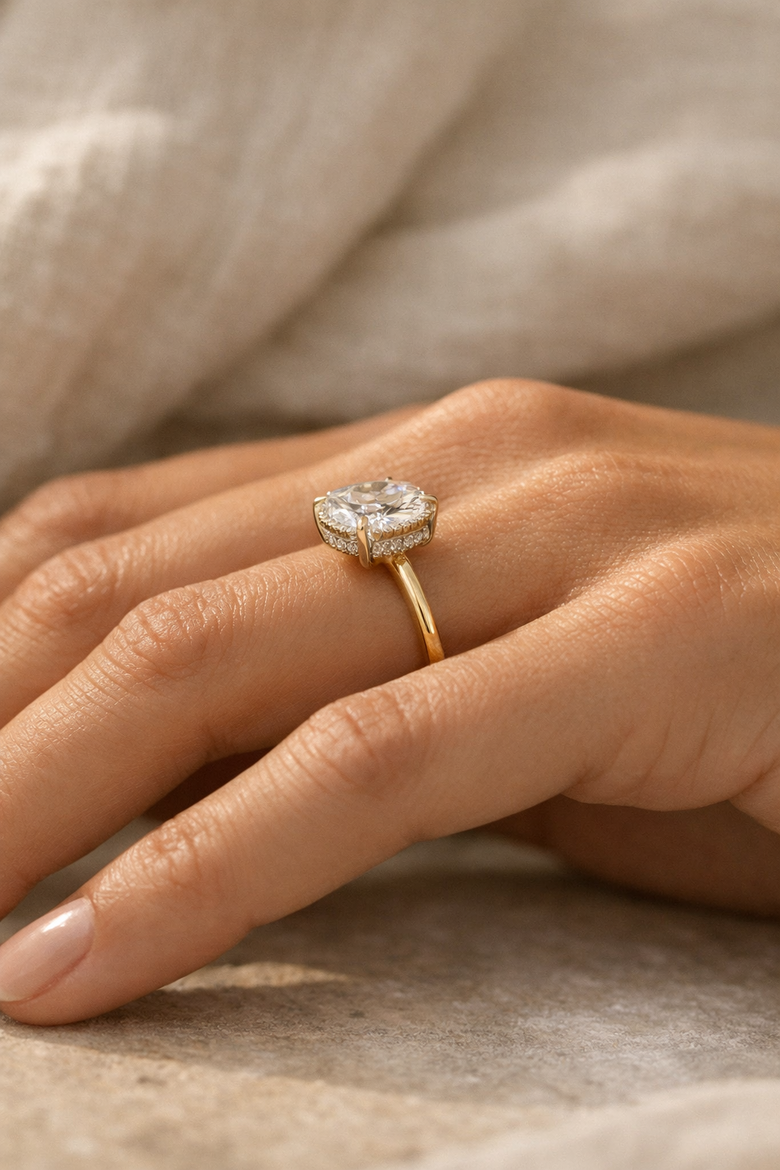 Lifestyle photography showing hidden halo ring in natural lighting throughout daily activities - Captures how secret sparkle reveals itself during real moments rather than posed photography