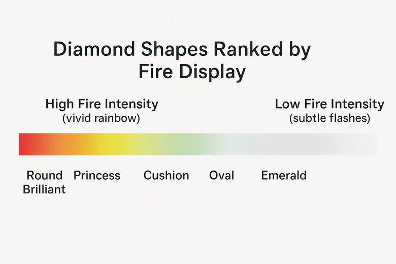Infographic: Diamond Shape Fire Performance Rankings - Visual comparison showing fire intensity levels across 8 popular diamond shapes with percentage ratings and optimal viewing angles - Helps buyers choose shapes based on fire preference