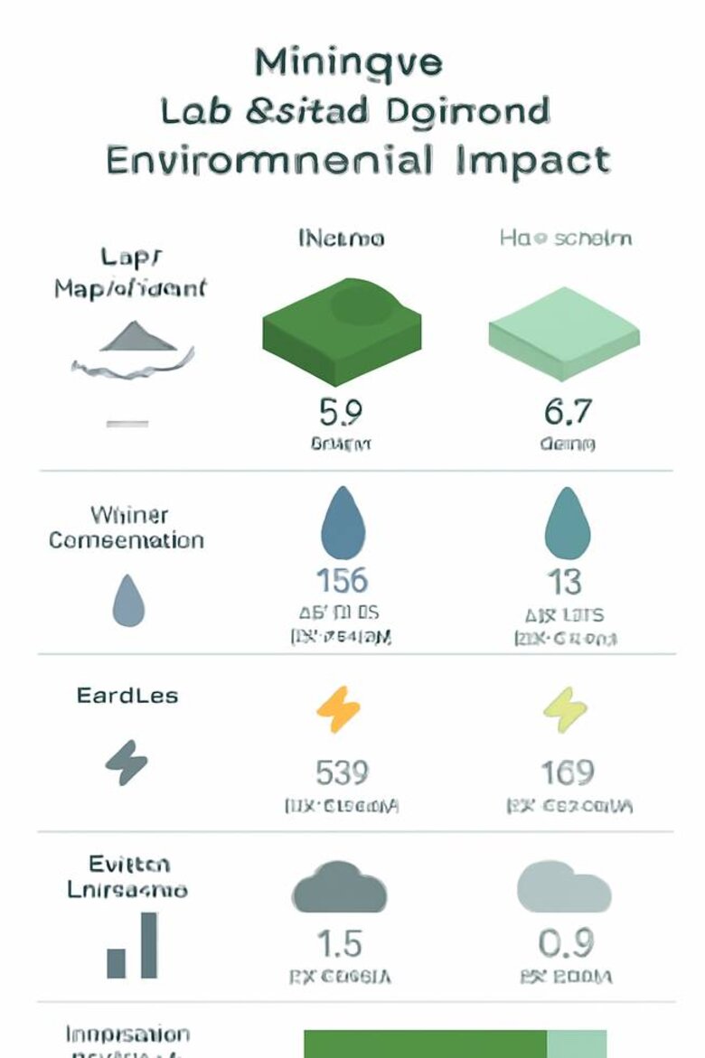 Infographic: Environmental Impact Comparison - Visual data representation showing mining vs lab-grown production across five metrics: land displacement (acres), water consumption (gallons per carat), energy use (kWh per carat), carbon emissions (tons CO2), and ecosystem disruption score