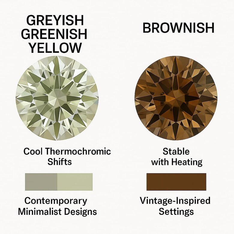 Image: Color Temperature Comparison Chart Showing Greyish vs Brownish Olive Diamonds - Visual spectrum analysis displaying exact color differences under various lighting conditions and temperature ranges