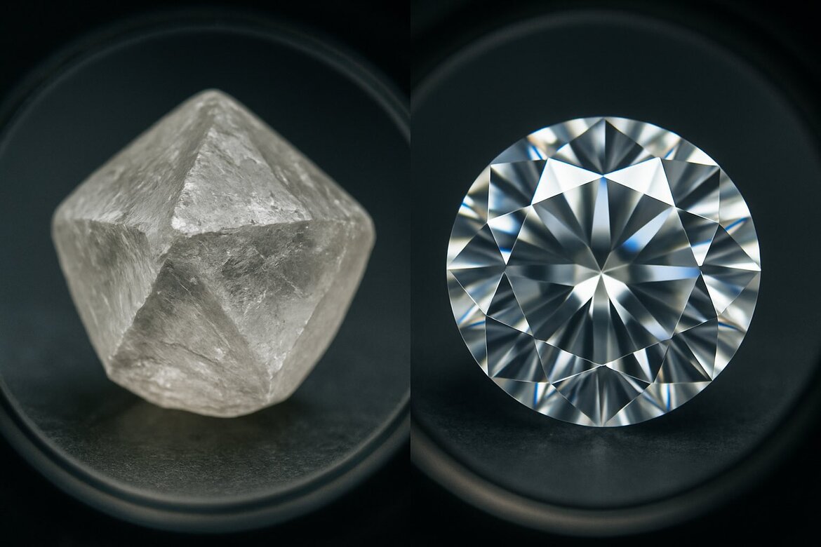 切断前と研磨後のダイヤモンド結晶を示すビフォー／アフターの顕微鏡写真