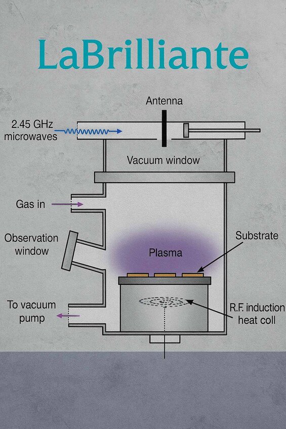Image: CVD Diamond Growth Chamber Cross-Section with Process Visualization - Detailed technical illustration showing gas flow, temperature zones, substrate placement, and carbon atom deposition layers during diamond formation