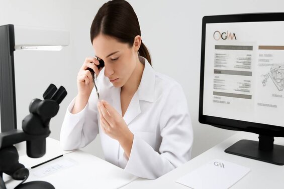 Image: GIA Certification Process for Lab-Grown Diamonds - Step-by-step laboratory analysis showing spectroscopy equipment, grading stations, and certificate generation