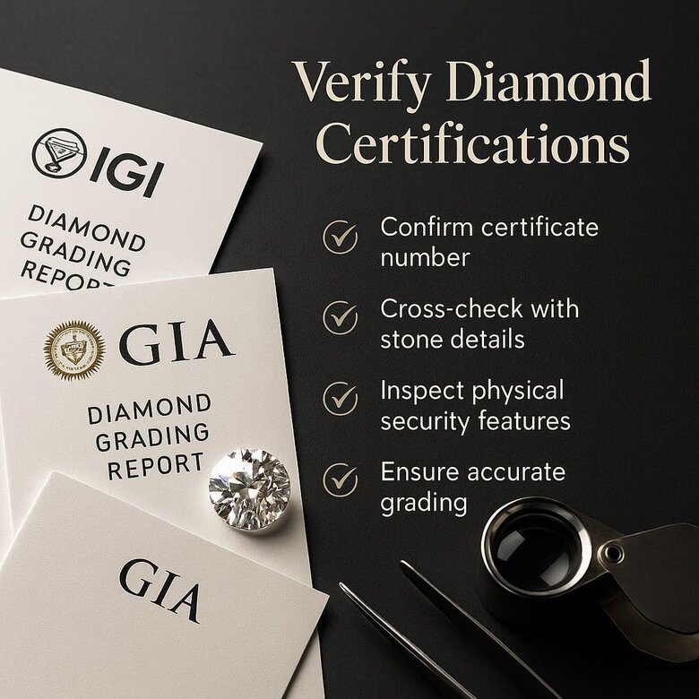 Image: Certificate Authentication Visual Guide - Step-by-step photos showing security features, database verification process, and red flags to avoid fraudulent certificates