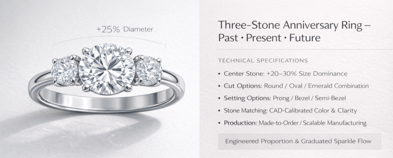 Three-Stone Design Proportions Guide - Detailed visual showing optimal stone size ratios and setting styles with measurements for balanced past-present-future symbolism