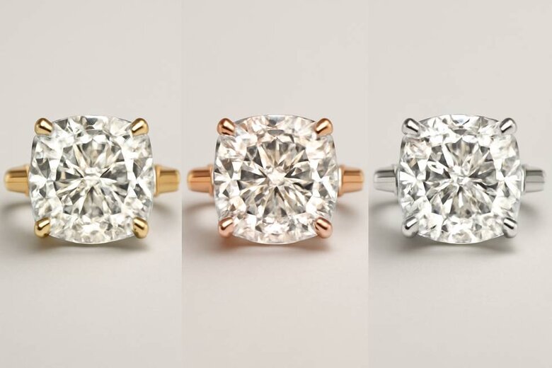 Image: Metal Tone Comparison with Cushion Diamonds - Split-screen showing identical cushion lab-grown diamonds in yellow gold, rose gold, and platinum settings to demonstrate color interaction effects