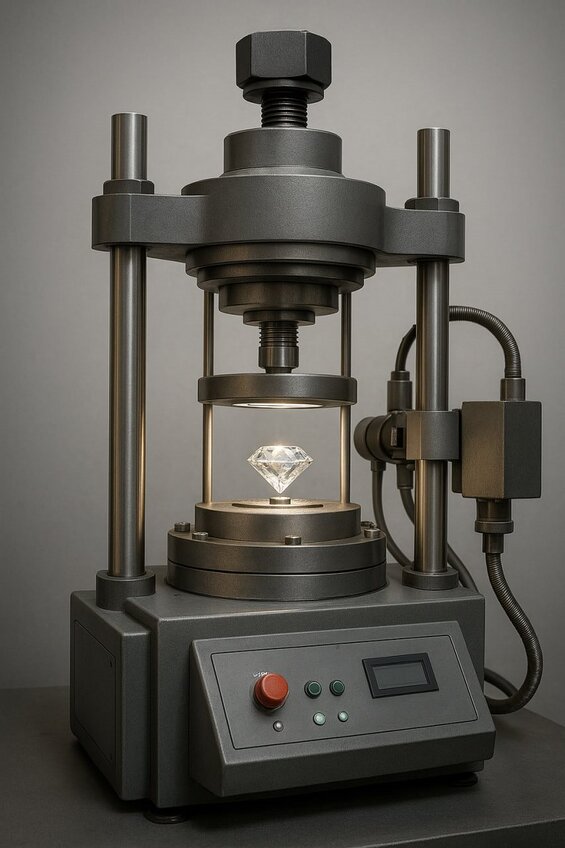Image : Coupe transversale du processus de fabrication de diamants HPHT - Système complet de presse à bande montrant les chambres de pression, les éléments chauffants et l'environnement de croissance des cristaux