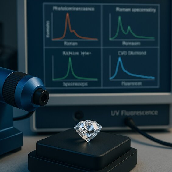 Image: Advanced Gemological Testing Equipment Setup - Professional laboratory showing photoluminescence spectroscopy, Raman analysis, and DiamondView systems for accurate identification