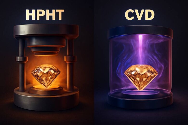 Image: HPHT vs CVD Champagne Diamond Creation Process Visual Comparison - Helps buyers understand which production method delivers the color consistency and quality they prefer for their purchase