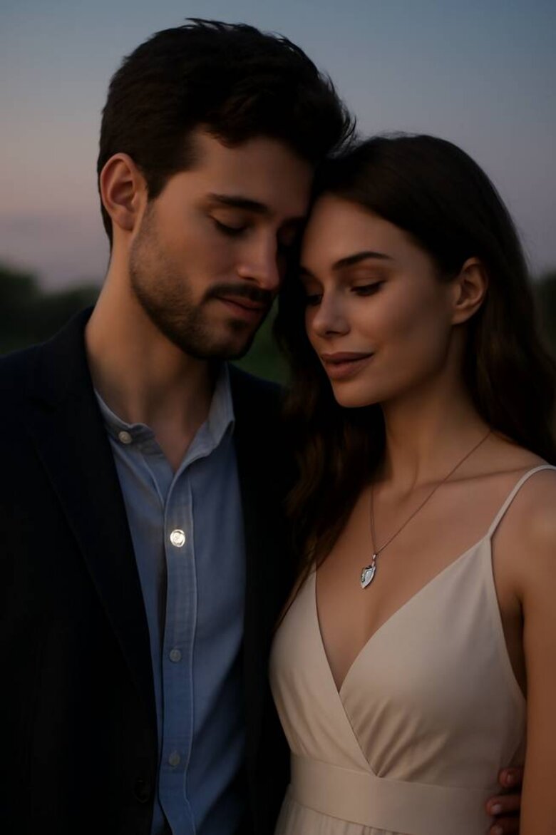Image: Modern Couple Wearing Lab Grown Diamond Pendants in Romantic Setting - Emotional connection showcasing ethical luxury lifestyle appeal