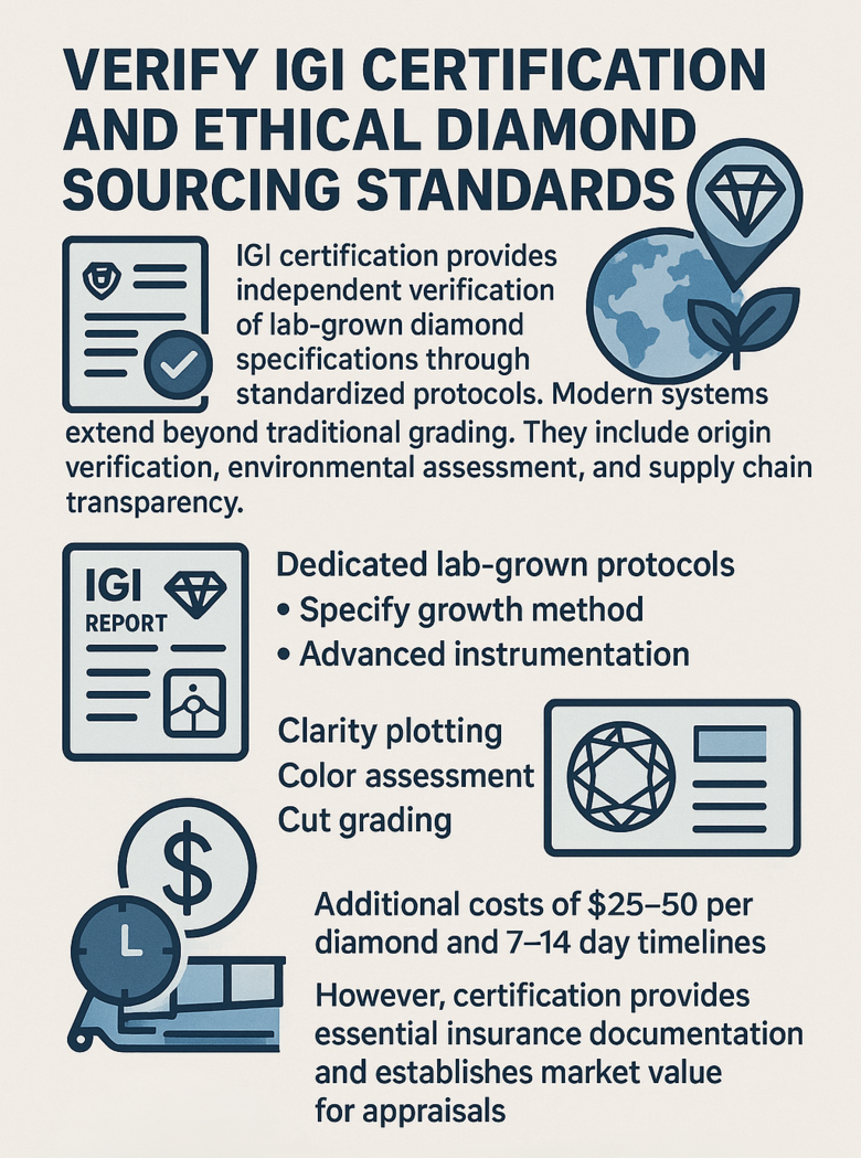 Diamond Color and Clarity Grading Visual Scale - Shows EF color grades compared to lower grades in both white and yellow gold settings, plus VS clarity inclusion examples under magnification