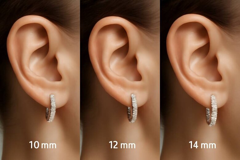 Image: Side-by-Side Huggie Size Comparison on Ear Models - Shows 10mm, 12mm, and 14mm huggies on different ear shapes to demonstrate proportional impact and comfort differences