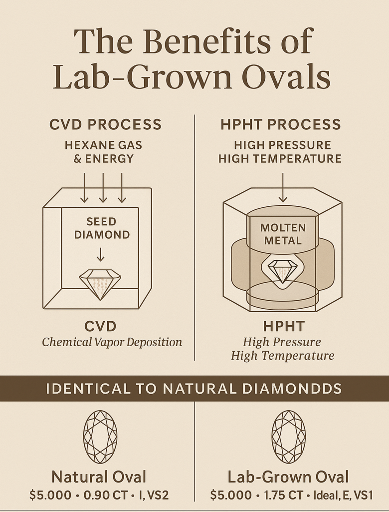 CVD vs. HPHT Diamond Growth Process Comparison - Demystifies complex laboratory technology through visual flowchart showing temperature, pressure, timeline, and carbon transformation for both methods, making technical credibility accessible