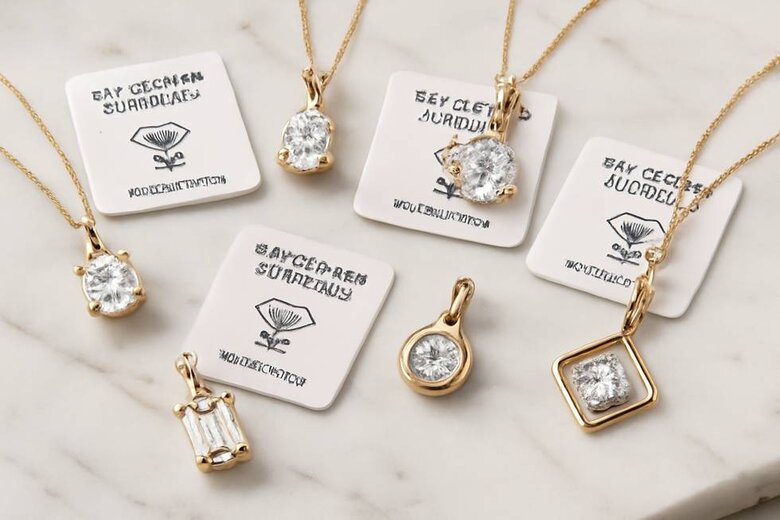 Image: Lab Grown Diamond Pendant Collection Display - Certified ethical luxury showcasing multiple pendant styles with IGI certification cards on elegant marble surface
