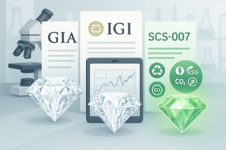 Image: Side-by-Side Certificate Comparison Visual - Shows actual GIA, IGI, and SCS-007 certificates highlighting different information types and verification approaches for easy understanding