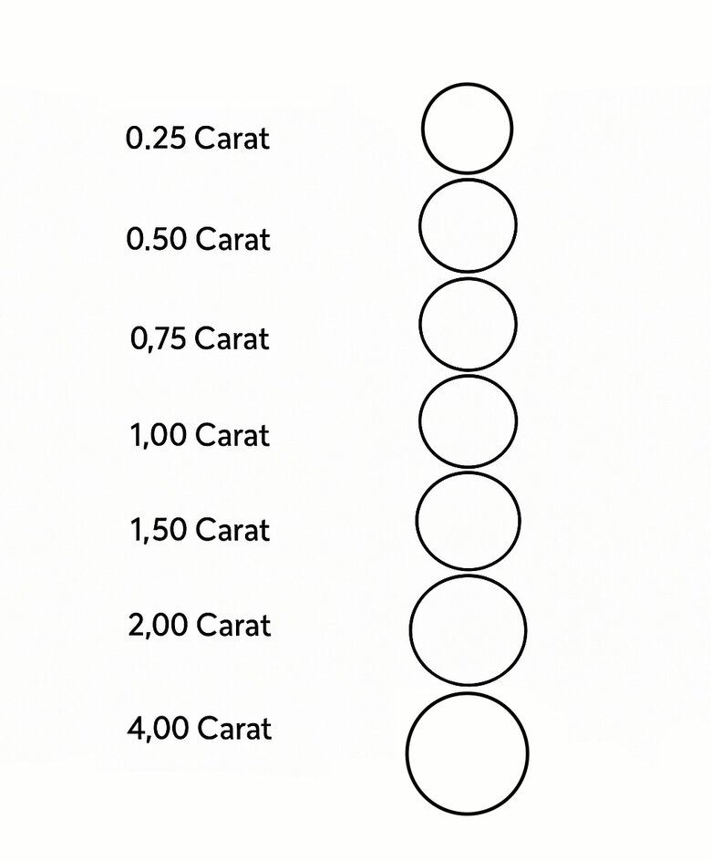 comparison chart showing actual-size circles representing each carat weight's diameter