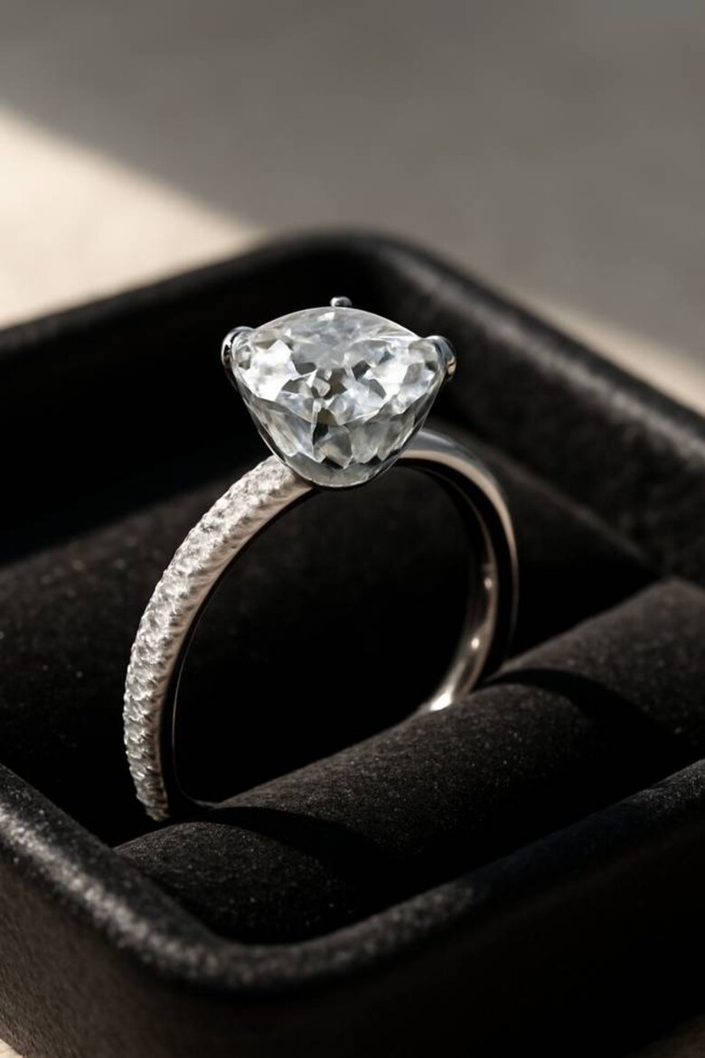 Image: Hidden halo lab grown diamond ring showing side-view sparkle in natural lighting with macro detail of beneath-stone pavé work - Reveals the secret sparkle that transforms ordinary moments into intimate discoveries