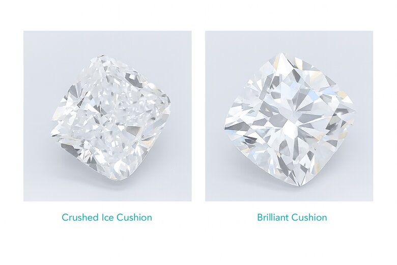 Image: Crushed Ice Pattern Close-up Comparison - Side-by-side magnified view showing the chaotic facet arrangement versus brilliant cut