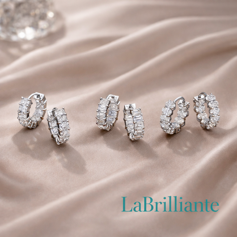 Side-by-Side Huggie Size Comparison on Ear Models - Shows 10mm, 12mm, and 14mm huggies on different ear shapes to demonstrate proportional impact and comfort differences