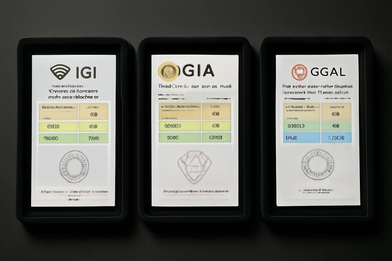 Image: Diamond Certification Comparison Guide - Side-by-side visual showing IGI, GIA, and GCAL certificates with key quality indicators highlighted