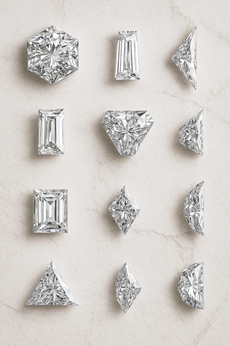 Image: Collection of precision-cut geometric lab-grown diamond accents in various shapes against black velvet backdrop - Showcases the stunning variety and flawless symmetry available in modern accent diamonds