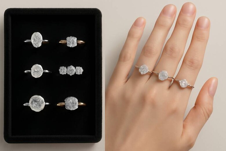 Image: Classic Lab-Grown Diamond Wedding Rings Comparison Gallery - Side-by-side showcase of four-prong solitaire and three-stone configurations in platinum and gold, displaying various carat sizes on hand to demonstrate timeless design versatility and visual impact across budgets