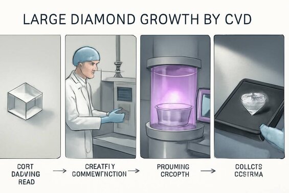 Image: Large Diamond Growth Timeline Visualization - Step-by-step visual process showing seed preparation, chamber setup, growth monitoring, and quality control across months of production