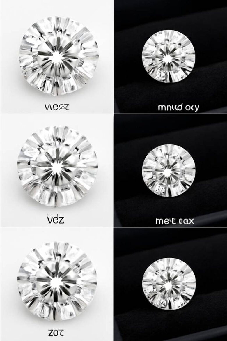 Image: Diamond Clarity Comparison Under 10x Magnification vs. Naked Eye - Four-panel image showing VVS2, VS2, SI1, and SI2 clarity stones photographed under magnification and normal viewing distance demonstrating eye-clean threshold where certification differences become invisible in real-world wear