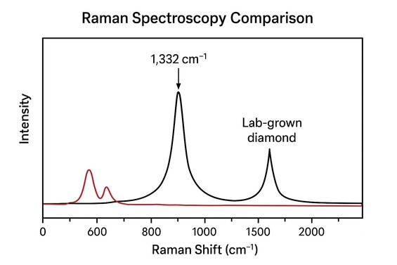 Bild: Raman-Spektroskopie Peak-Vergleichsdiagramm - Zeigt den markanten 1.332 cm-¹ Diamant-Peak im Vergleich zu den Moissanit-Peaks zur genauen Identifizierung