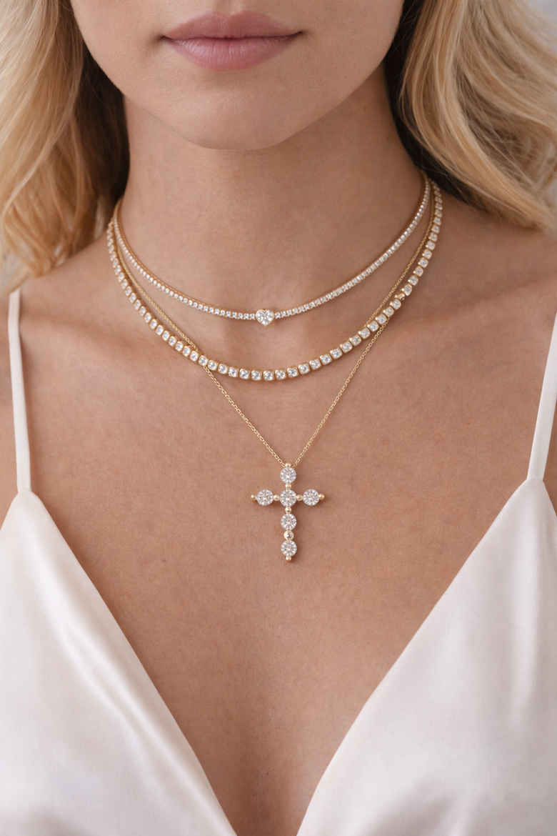  Layered Cross Necklace Styling Guide - Step-by-step visual demonstration showing proper layering technique with 16", 18", and 20" chains, including close-up details of how different cross sizes create dimensional harmony