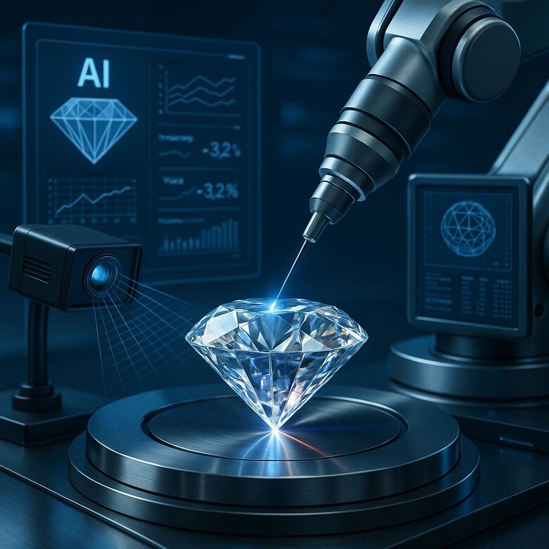Infographic: AI-Integrated Diamond Cutting Workflow - Step-by-step visualization showing 3D scanning, computer modeling, automated parameter adjustment, real-time monitoring, and quality control integration with processing time reductions and yield improvements at each stage - Demonstrates complete technology transformation impact on operations