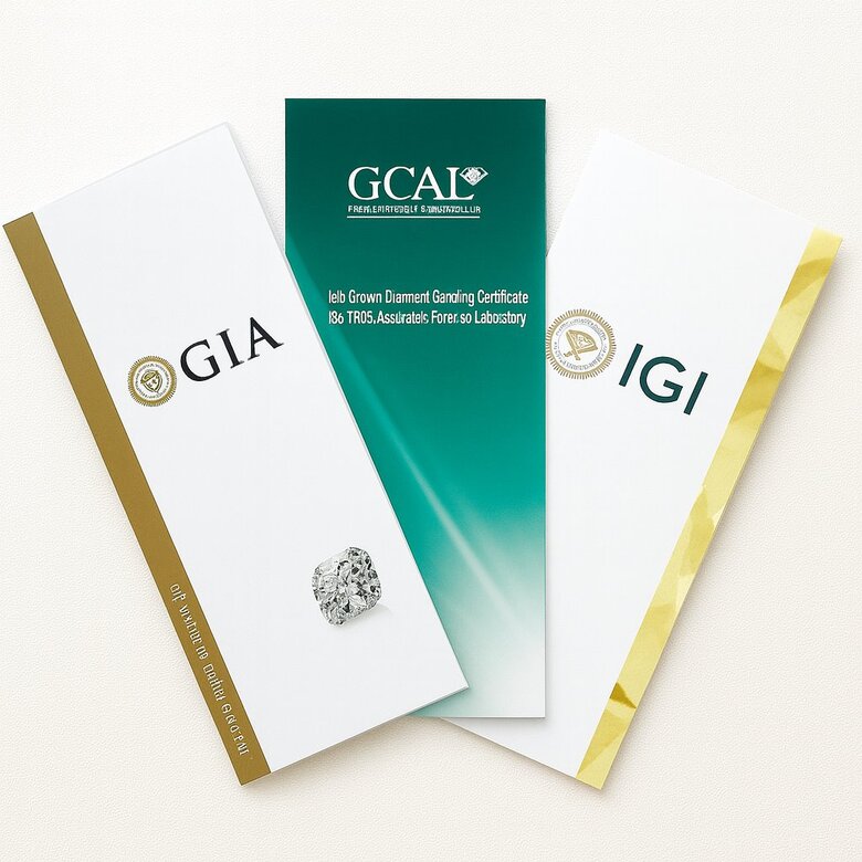 Image: Certification Report Comparison - Side-by-side view of IGI, GIA, and GCAL certificates for identical lab diamonds in brilliant and crushed ice cuts, highlighting different evaluation criteria and grade variations