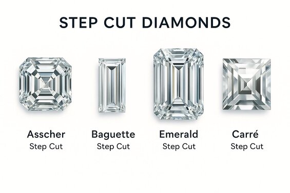 Image: Step Cut Lab Diamond Comparison Chart - Shows emerald vs Asscher cuts in various clarity grades with pricing breakdown and quality specifications for informed purchasing decisions