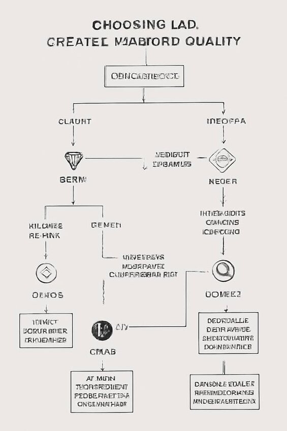 Image: Lab Diamond Quality Specification Decision Tree - Visual flowchart guiding buyers through carat, color, clarity, and cut decisions based on budget ranges, setting types, and personal priorities