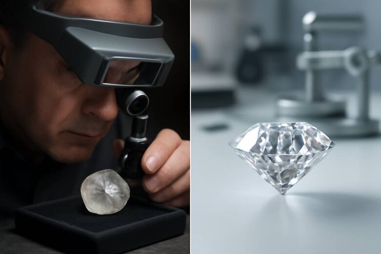 Image: Master Diamond Cutter Working on Lab Stone - Split-screen showing rough crystal transformation into brilliant-cut diamond with precision tools and measurement equipment - Demonstrates the skilled craftsmanship behind perfect lab diamond cutting