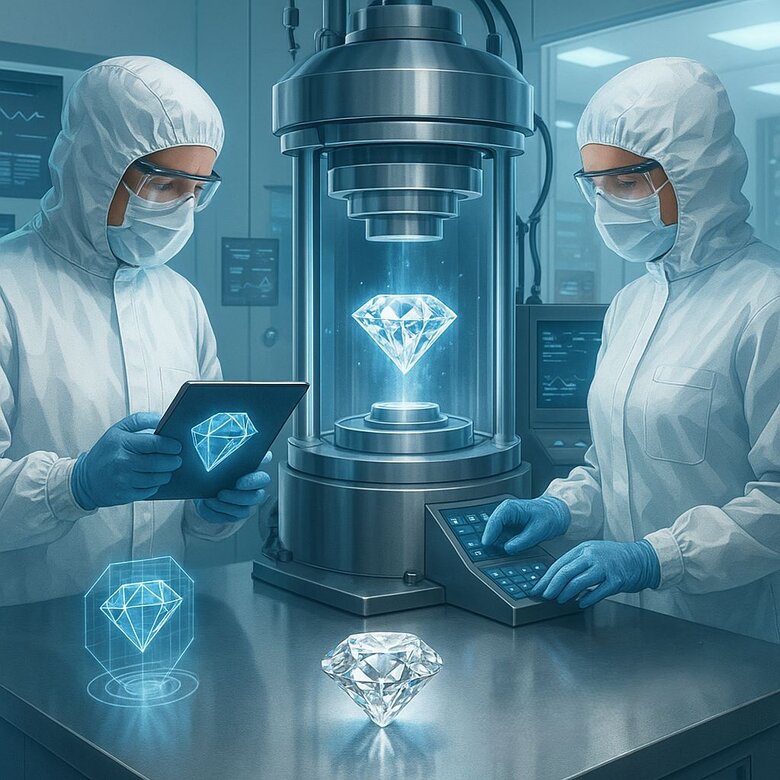 Image: Advanced Diamond Manufacturing Facility - Scientists monitoring CVD and HPHT reactors creating precision-engineered diamonds in clean room environment