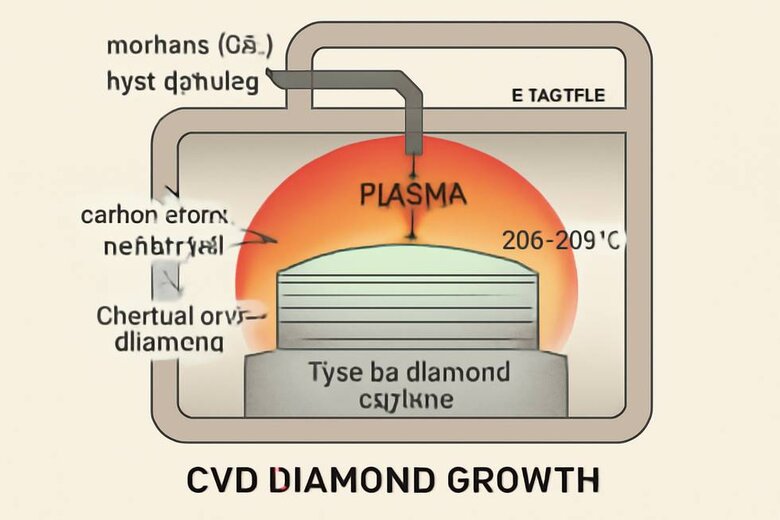 Image: CVD Diamond Growth Process Diagram - Detailed cross-section showing plasma chamber, gas flows, and layer-by-layer crystal formation to explain why CVD achieves superior purity