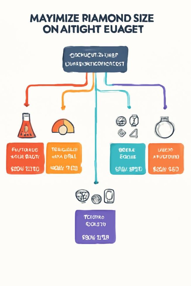 Infographic: Budget Maximization Decision Tree - Visual flowchart showing 5 strategic paths to maximize diamond size including lab-grown options, color compromises, clarity adjustments, shape selection, and setting choices with specific percentage savings for each strategy