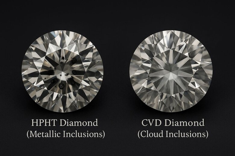 Image: Side-by-Side Microscope Comparison of HPHT vs CVD Diamond Inclusions - Visual identification guide showing metallic spots versus planar clouds for informed diamond selection