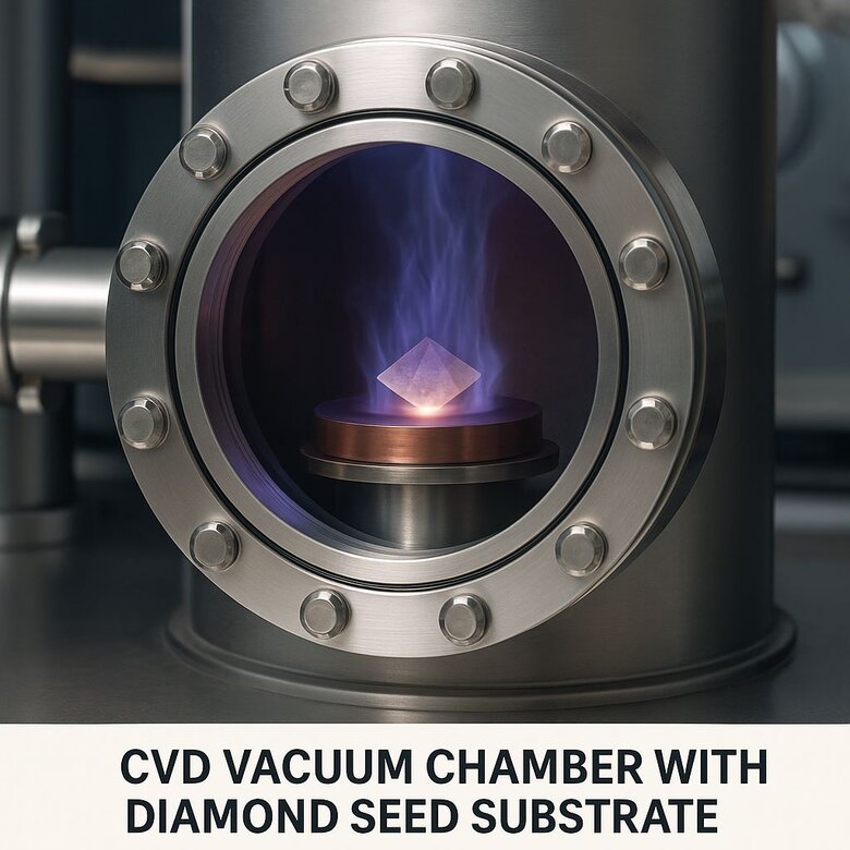 Image: CVD Diamond Production Process - Detailed cross-section view of CVD plasma chamber showing methane/hydrogen gas flow, microwave activation, diamond seed substrate, and carbon atom crystallization at 2000°C with clean room environment