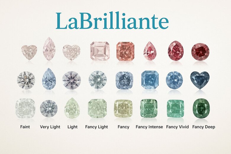 Image: Side-by-Side Diamond Color Grade Comparison Chart - Visual scale showing actual diamonds from Faint to Fancy Vivid grades in popular colors to demonstrate saturation differences