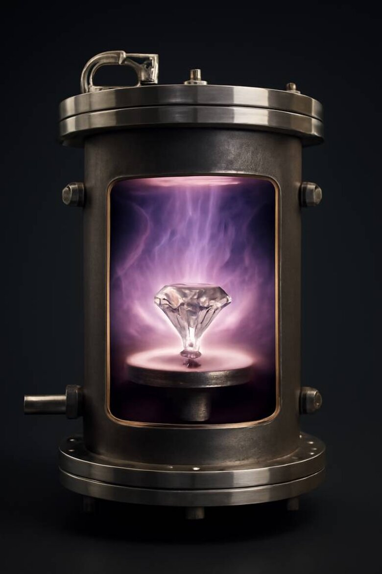 Image: CVD Growth Chamber in Operation Showing Diamond Formation - Cross-section view of actual CVD reactor with plasma glow and seed crystal placement demonstrating the precise controlled environment