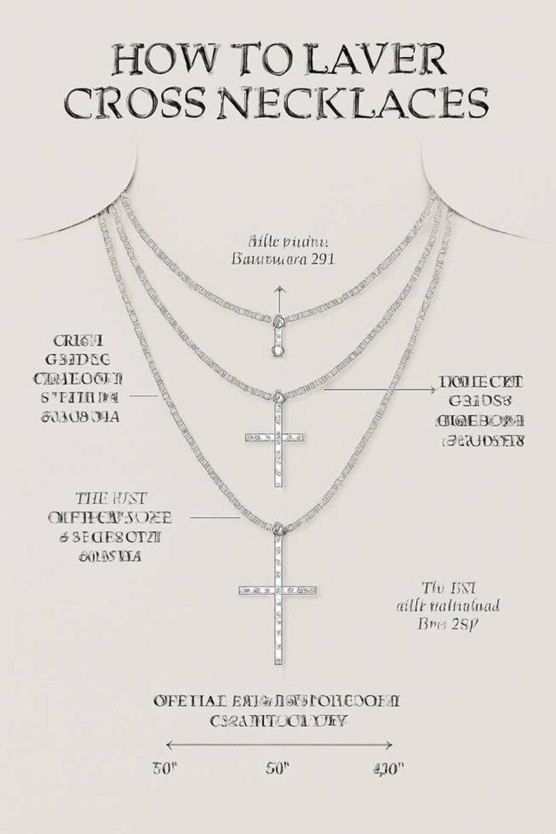 Infographic: Perfect Layering Formula for Cross Necklaces - Detailed visual breakdown showing optimal chain length combinations, cross size proportions, and styling techniques with measurements and styling tips